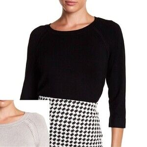 Philosophy Black 3/4 Sleeve Pointelle Shoulder Detail Knit Sweater Size Medium